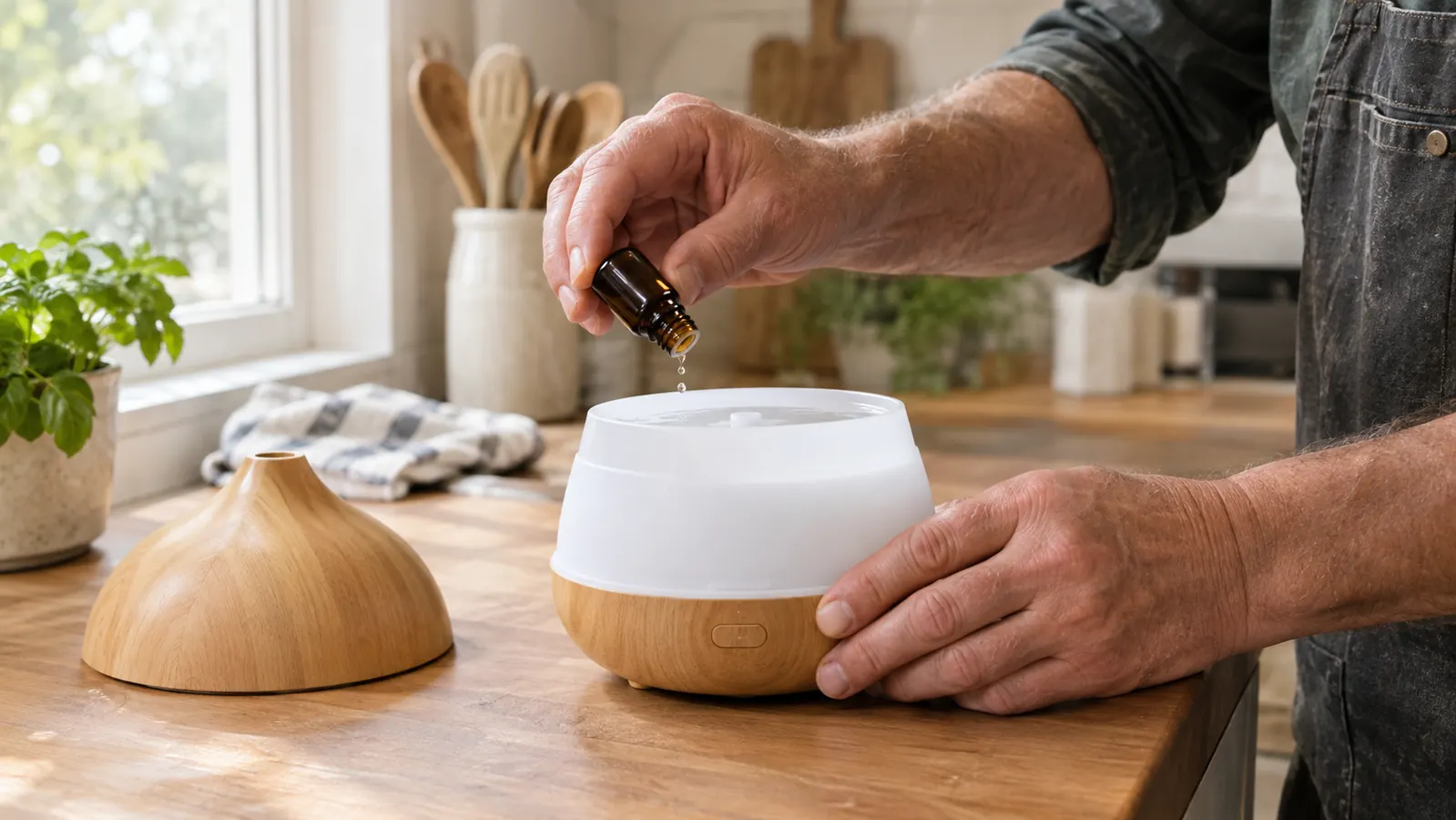 Hands adding a few drops of essential oil from a small amber bottle into the water tank of a diffuser on a kitchen counter