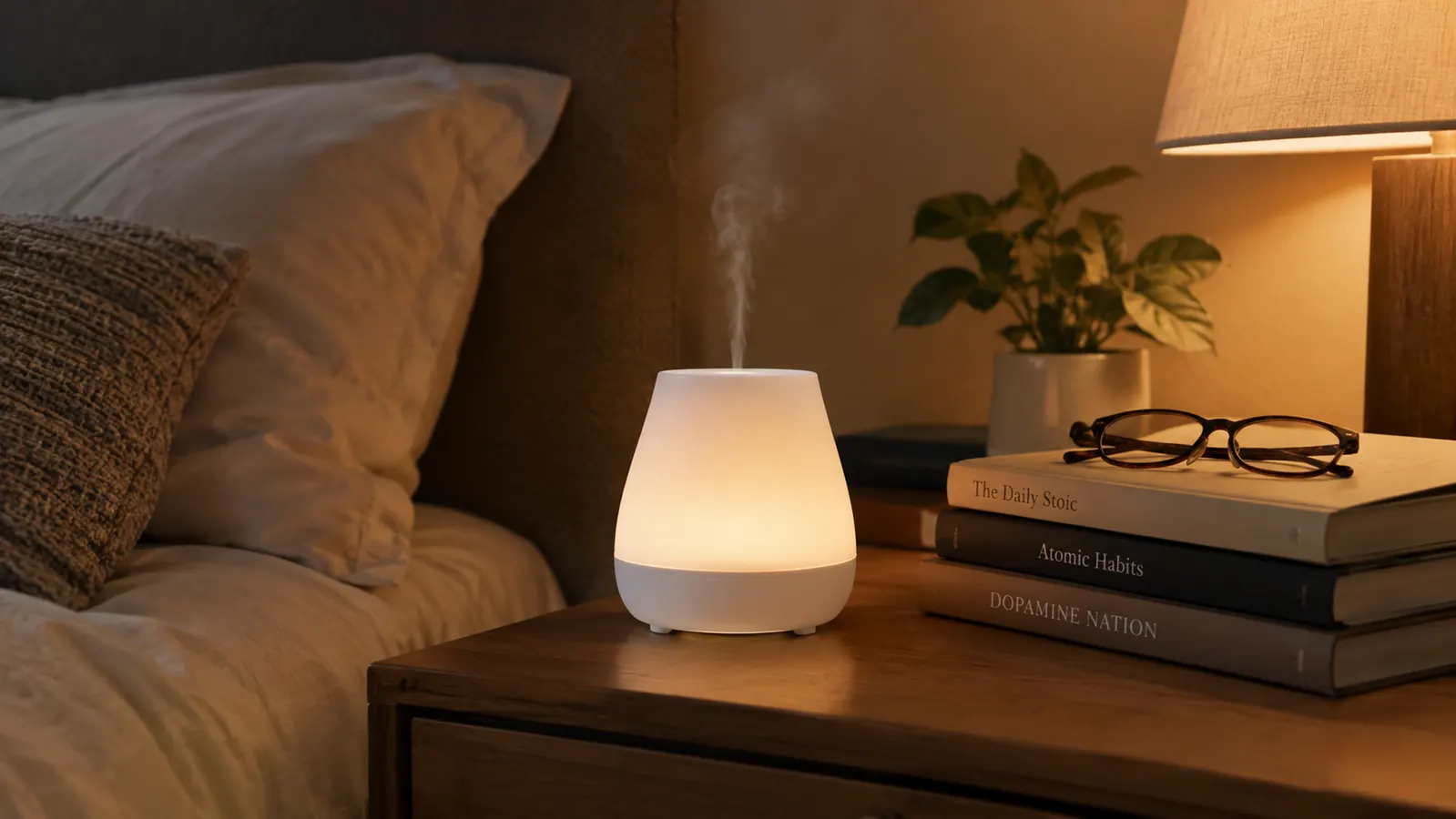 A small white diffuser glowing softly on a bedside table beside a stack of books and reading glasses in the evening