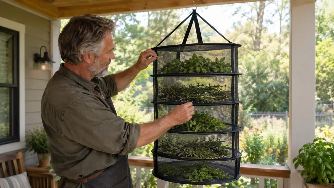A large mesh hanging drying rack layered with fresh herbs, suspended from a hook on a porch ceiling