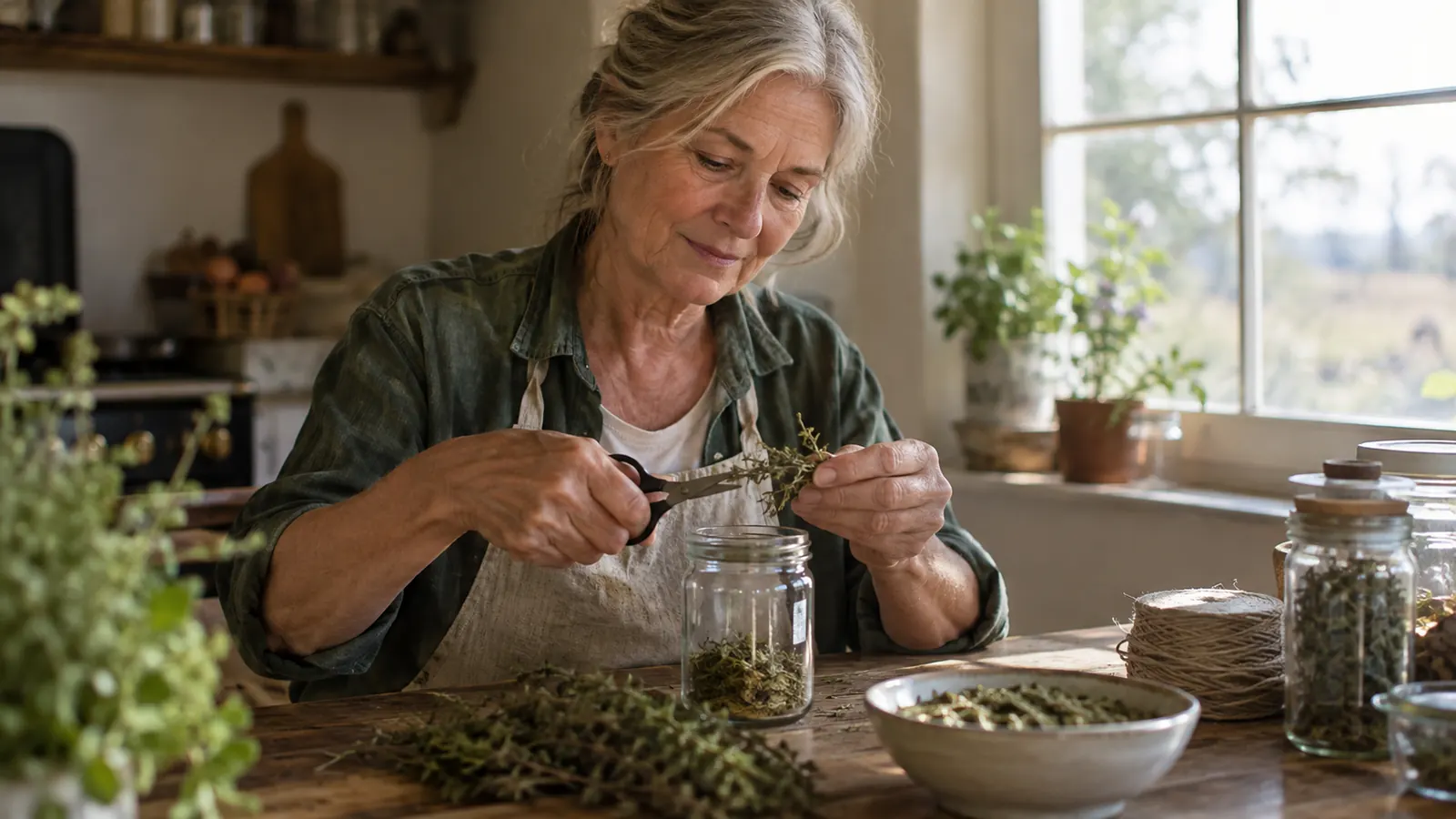 A woman in her sixties snipping dried herb leaves into a glass jar at a farmhouse kitchen table