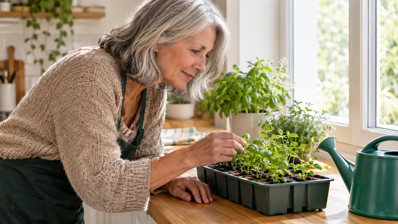 A woman in her sixties tending young herb seedlings on a kitchen windowsill