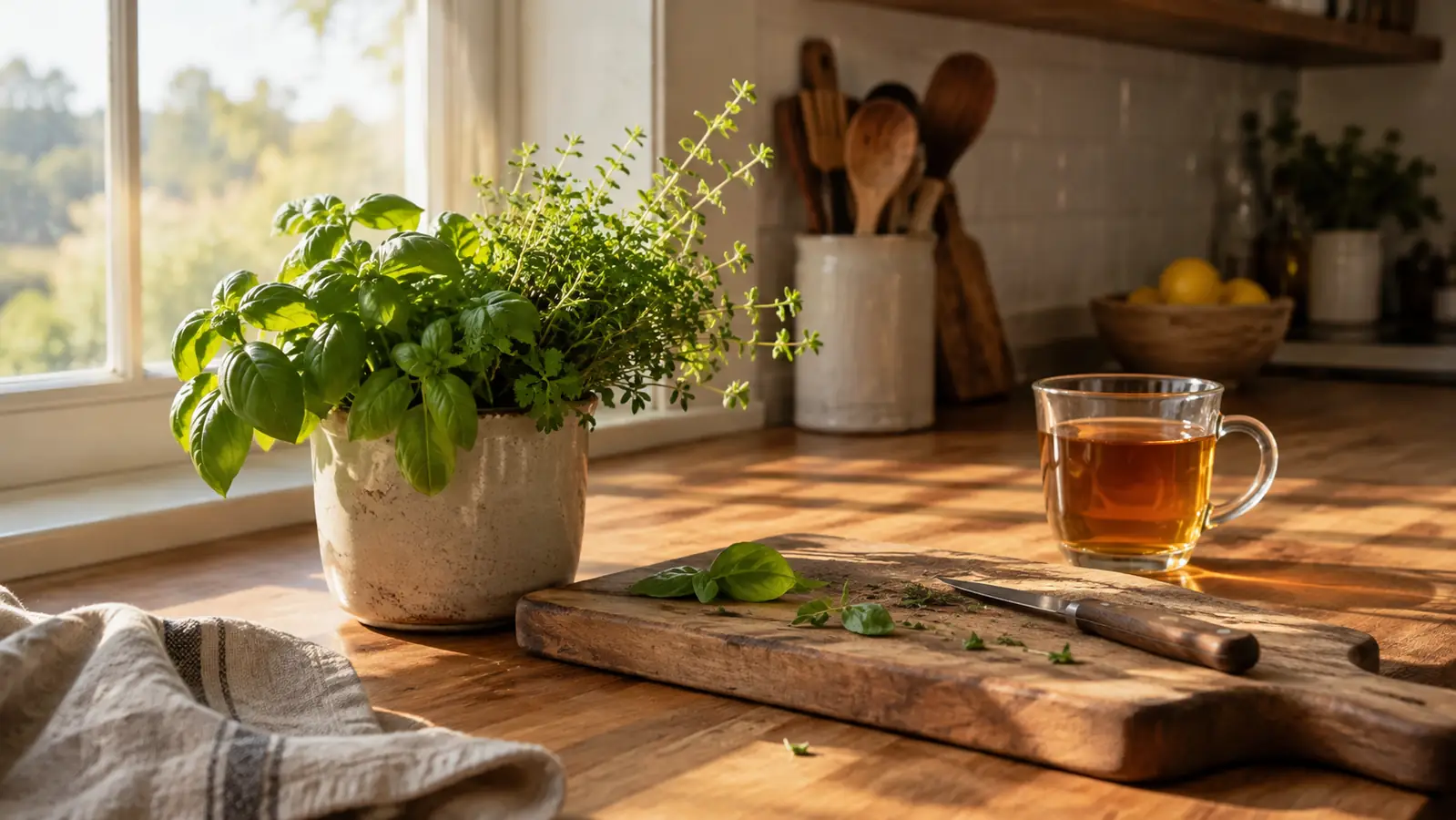 A wooden kitchen counter with a small pot of fresh green herbs beside a cutting board and a glass of tea