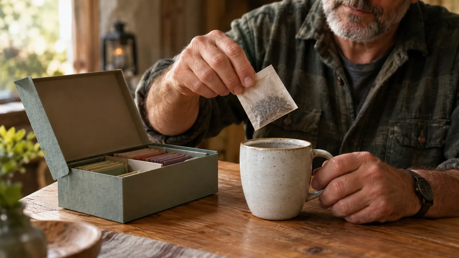 A hand lifting one tea envelope from an open sampler box and holding it over a ceramic mug on a wooden table