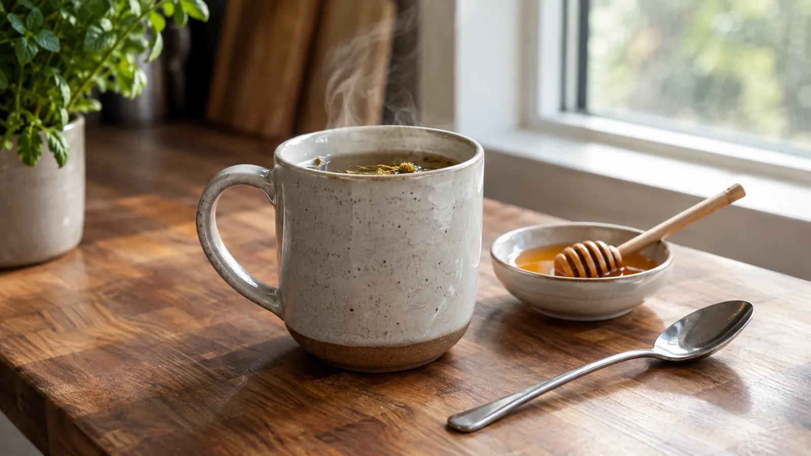 A ceramic mug of herbal tea with steam and a small dish of honey on a butcher-block table near a kitchen window