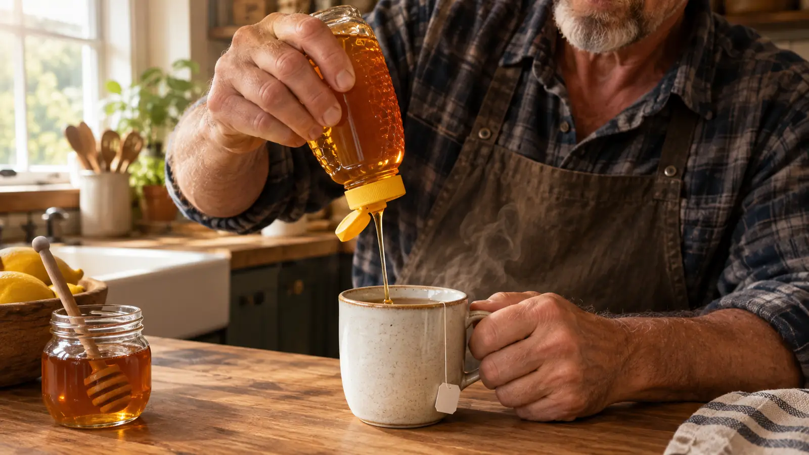 a hand squeezing honey from a squeeze bottle into a steaming mug of tea on a farmhouse kitchen counter