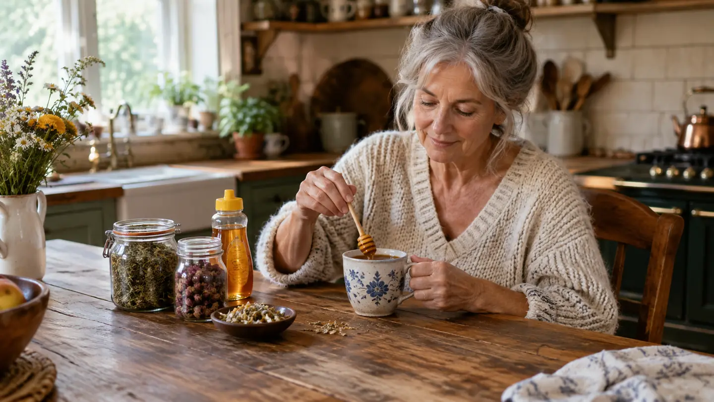 a woman in her sixties stirring honey into a mug of tea at a wooden kitchen table