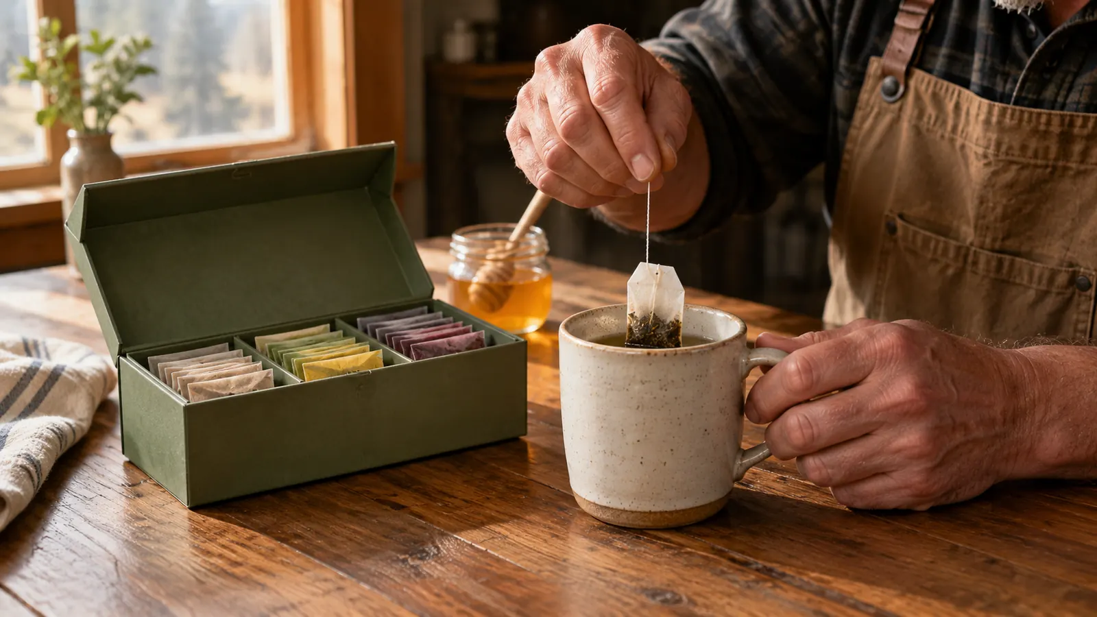 Hand placing a tea bag into a ceramic mug on a wooden kitchen table
