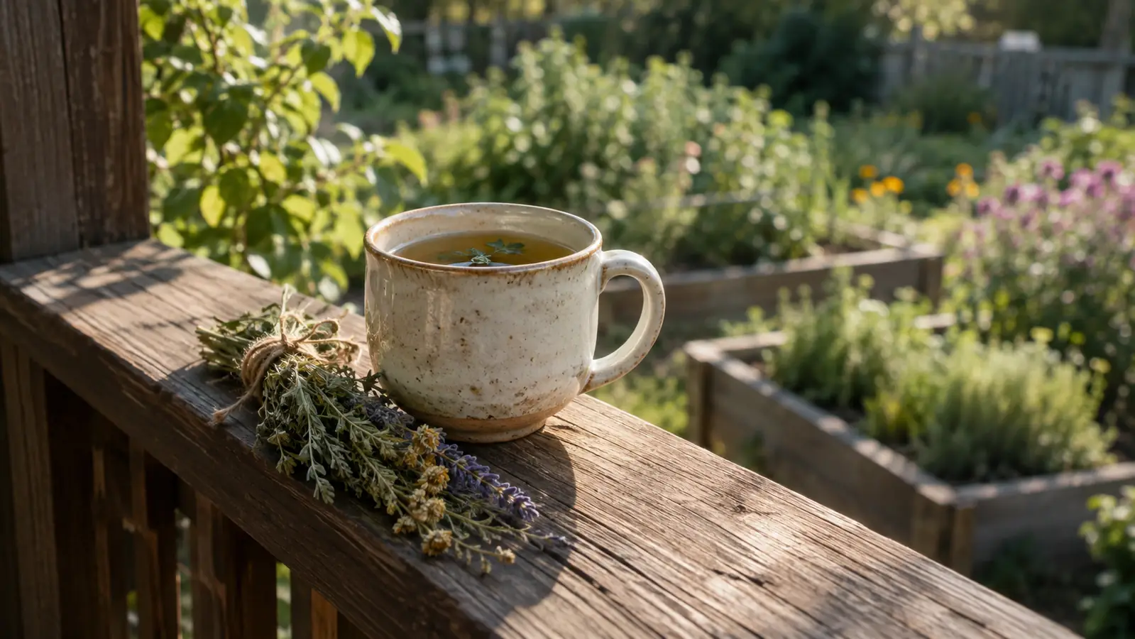 Mug of herbal tea on a porch railing beside dried herbs in morning light