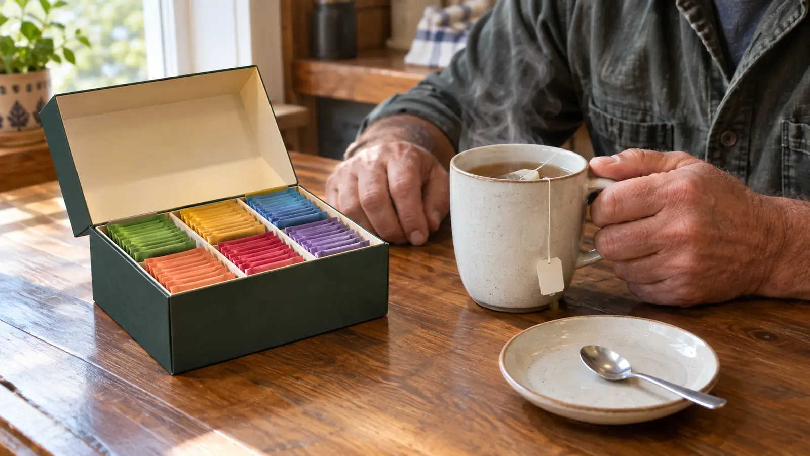 A tea bag steeps in a ceramic mug on a wooden table beside a small saucer