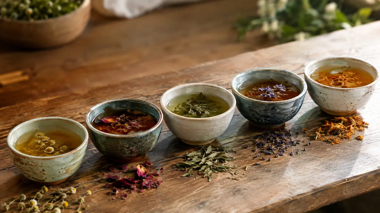 A row of small ceramic bowls of brewed herbal tea lined up on a wooden table
