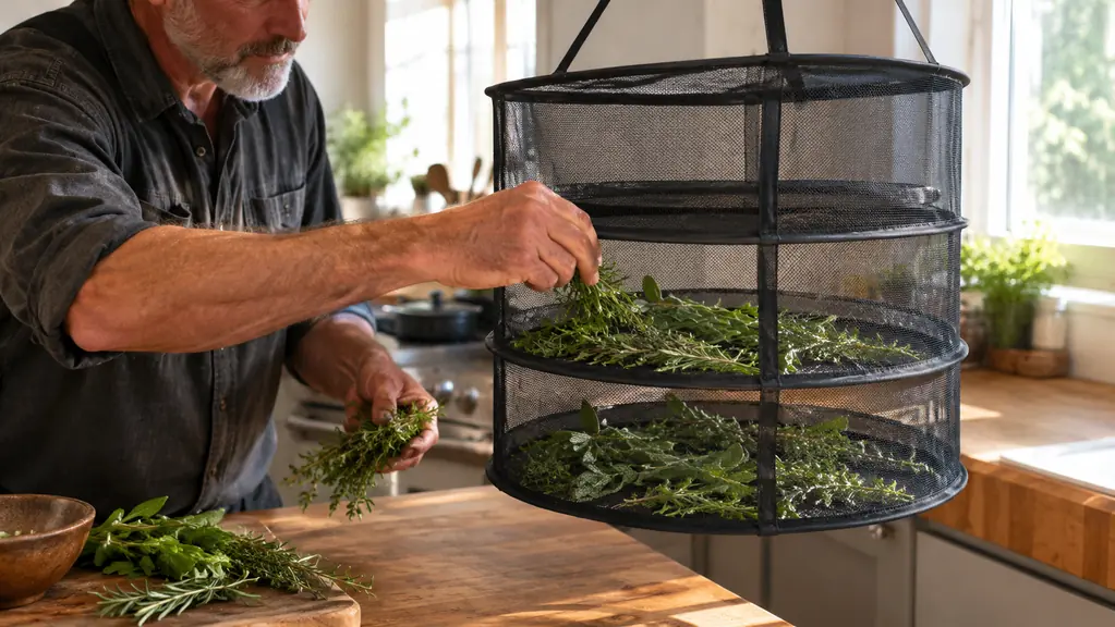 A hand sprinkling freshly cut herb sprigs into a layer of a round mesh hanging dryer in a kitchen