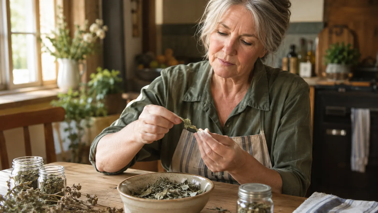 A woman in her sixties checking dried herb leaves between her fingers at a wooden kitchen table