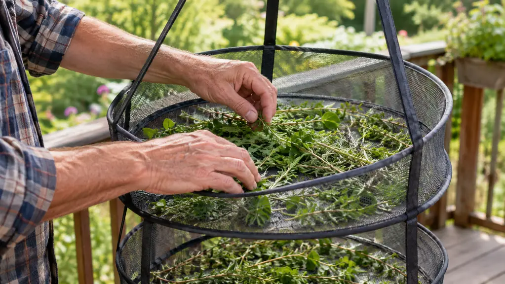 Hands laying fresh herb sprigs in a single loose layer on a mesh drying tier.