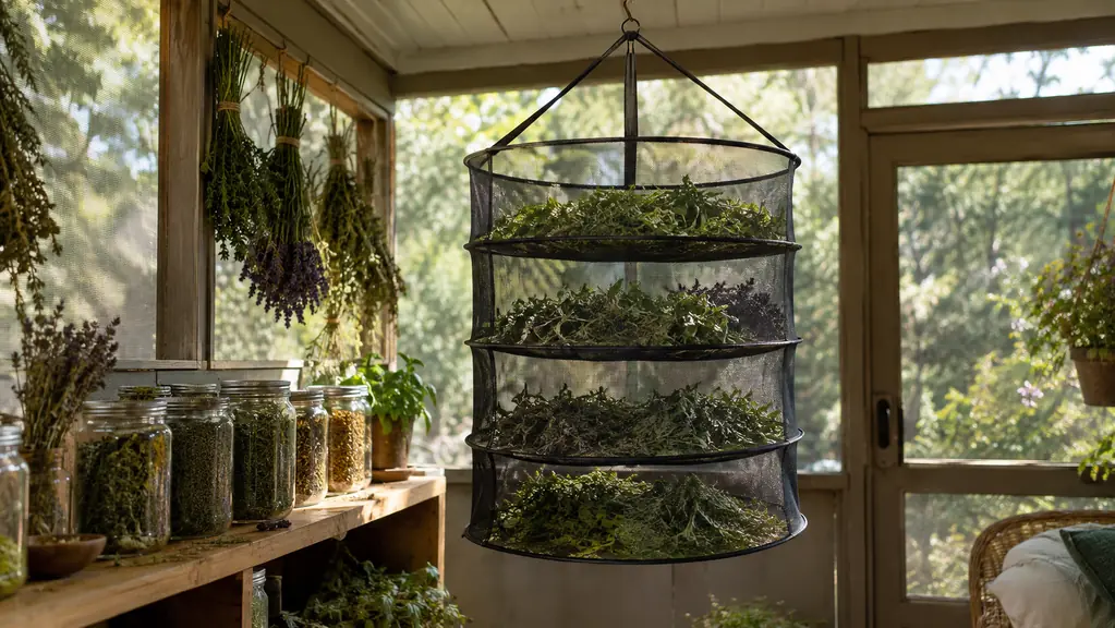 A four-tier mesh herb drying rack hanging from a porch ceiling, filled with herbs, with mason jars on a wooden shelf below.