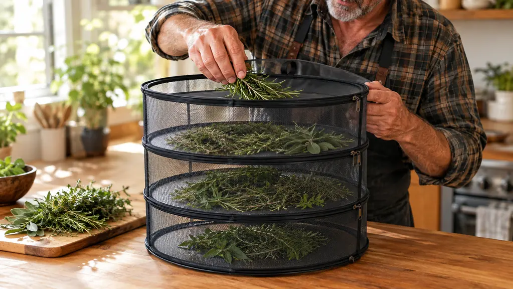 A hand sprinkling freshly cut herb sprigs into the top layer of a mesh drying rack