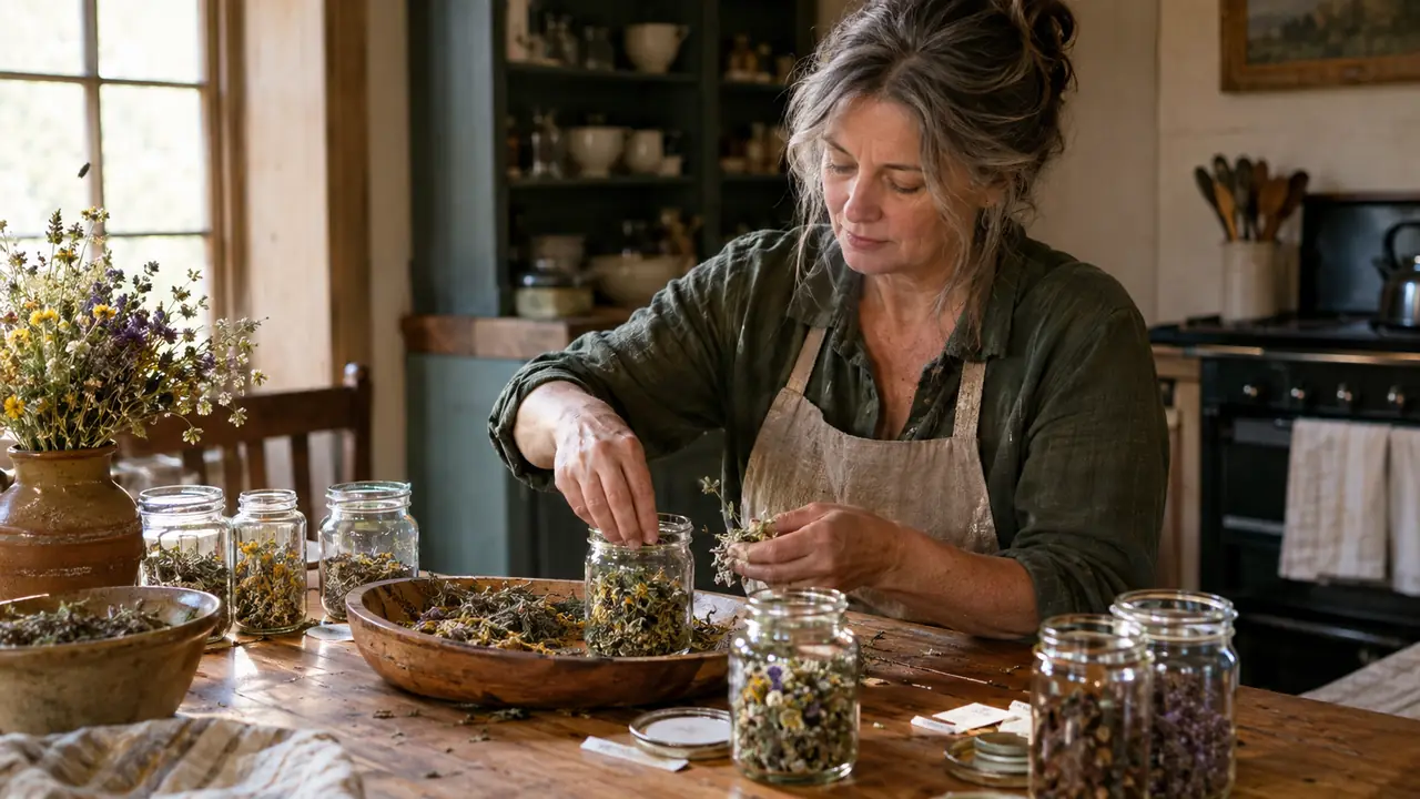 A woman in her sixties sitting at a butcher-block kitchen table sorting dried herbs into glass jars