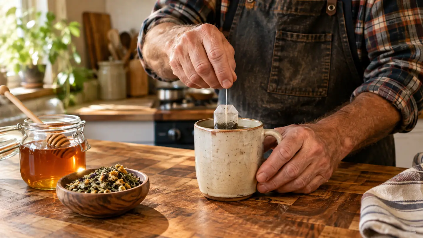 A hand placing a tea bag in a ceramic mug on a butcher-block kitchen table, honey jar nearby