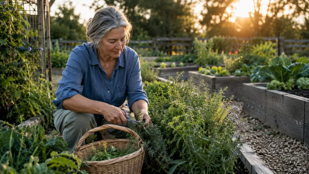 A woman in her sixties snipping fresh herbs into a basket in a garden with four raised cedar beds