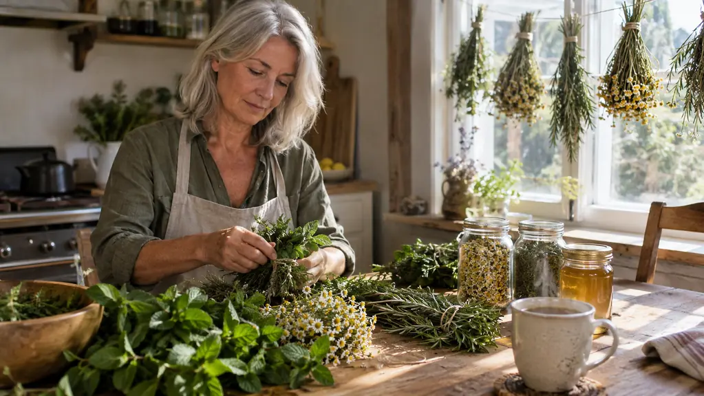 A woman in her sixties in a sunny farmhouse kitchen, sorting fresh-cut herbs on a butcher-block table beside jars of honey and dried leaves
