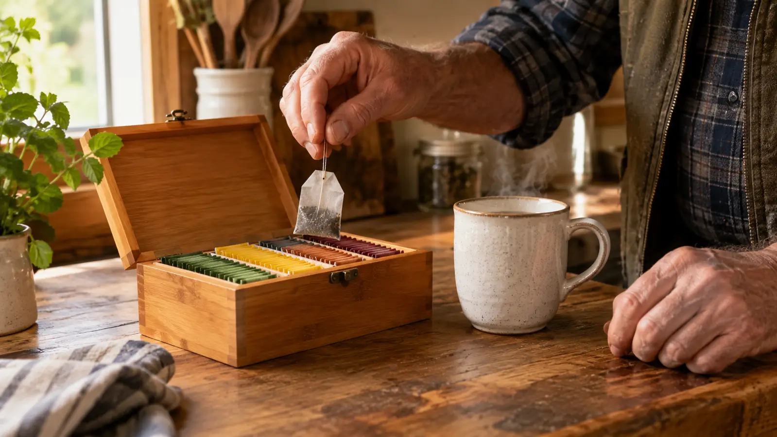 A hand taking a tea bag from an open tea sampler box on a kitchen counter, with a steaming ceramic mug beside it