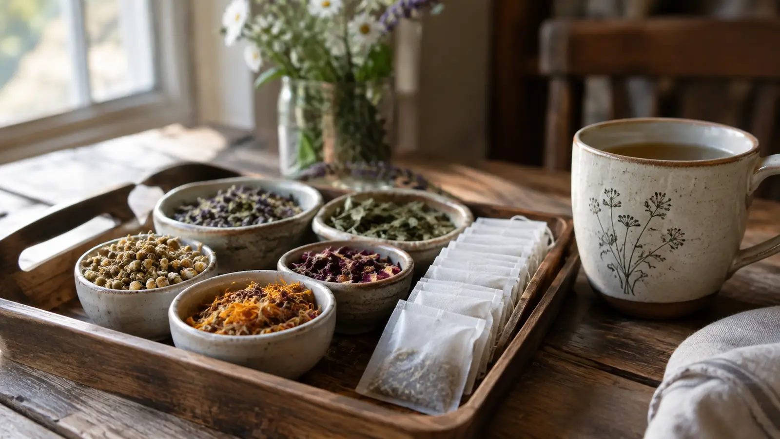 A wooden tray holding small ceramic bowls of dried herbs and a row of tea bags on a farmhouse table