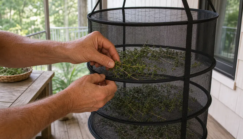 Hands tucking fresh herb sprigs into the mesh layers of a hanging herb dryer