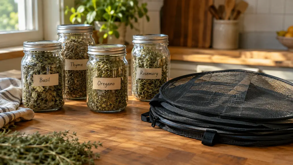 Labeled glass jars of dried herbs on a butcher-block kitchen table with a folded mesh drying rack beside them