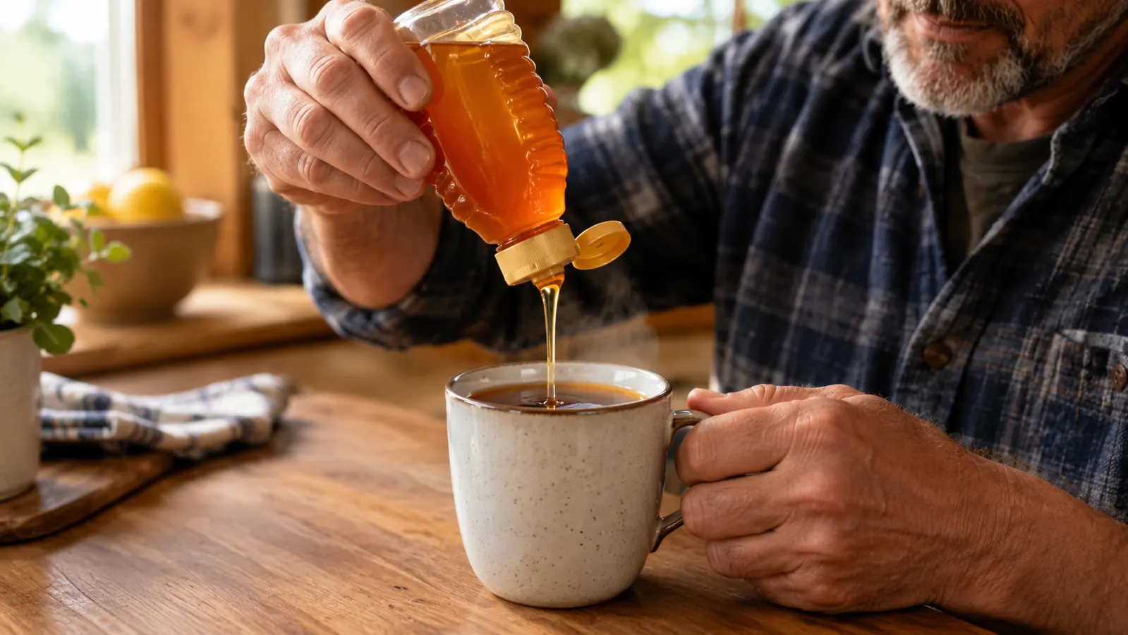 A hand squeezing honey from a bottle into a mug of tea on a wooden counter