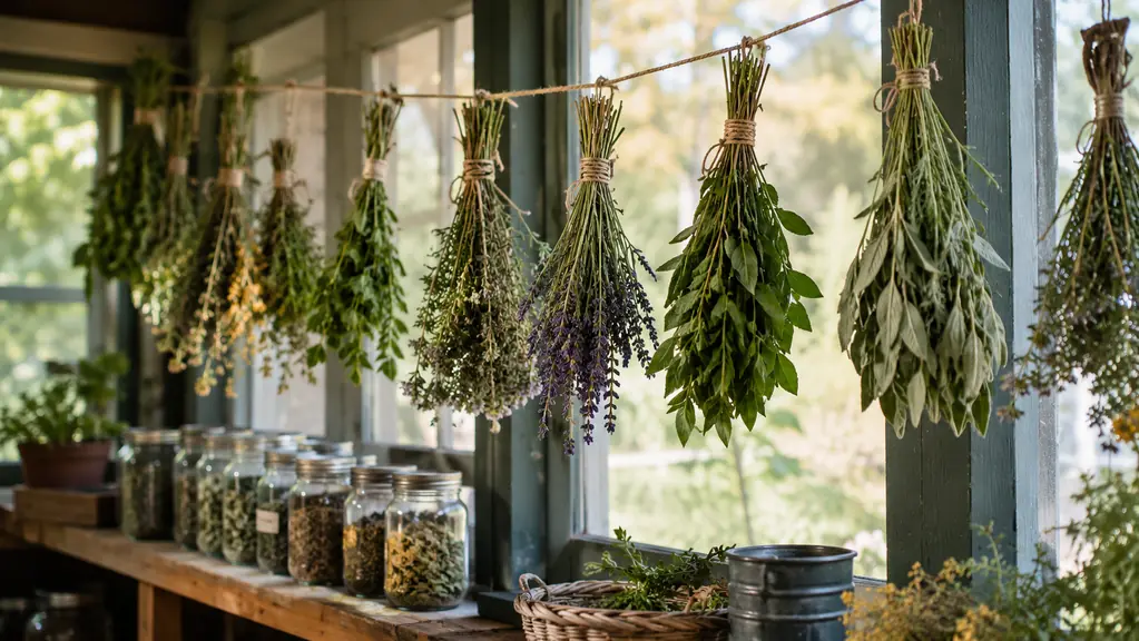 Dried herb bundles hanging on an enclosed porch beside glass jars of dried leaves