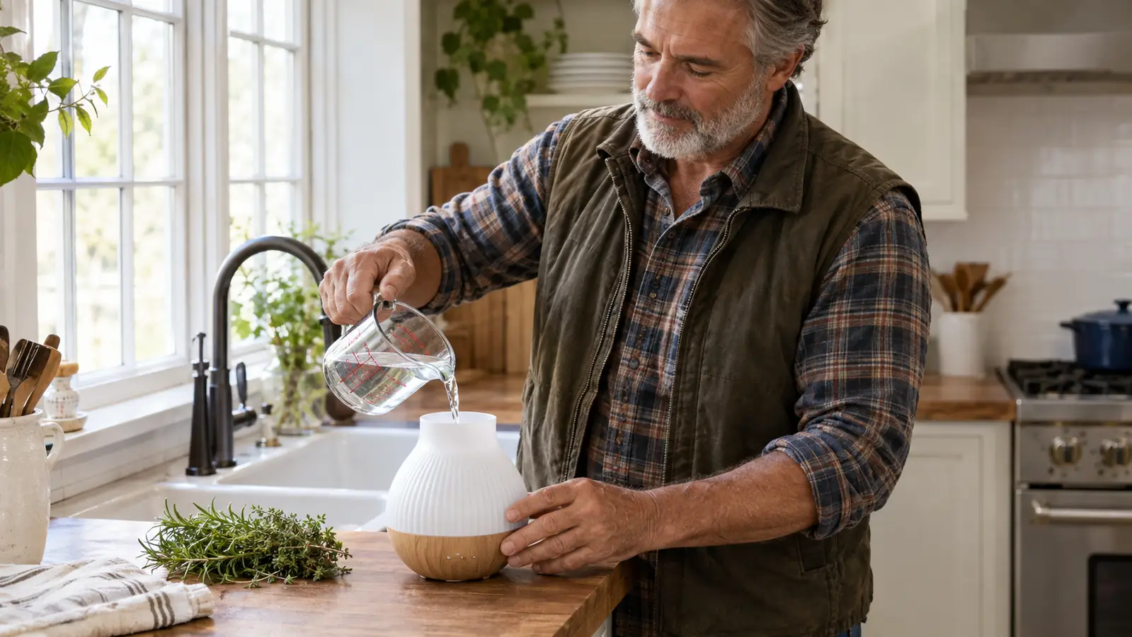 A woman in her sixties filling the diffuser with water from a glass measuring cup at a farmhouse kitchen sink.