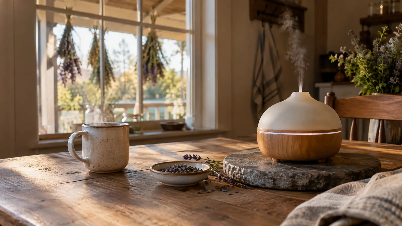 A kitchen table with a steaming mug of tea, a small dish of dried lavender, and the diffuser on a stone trivet in late afternoon light.