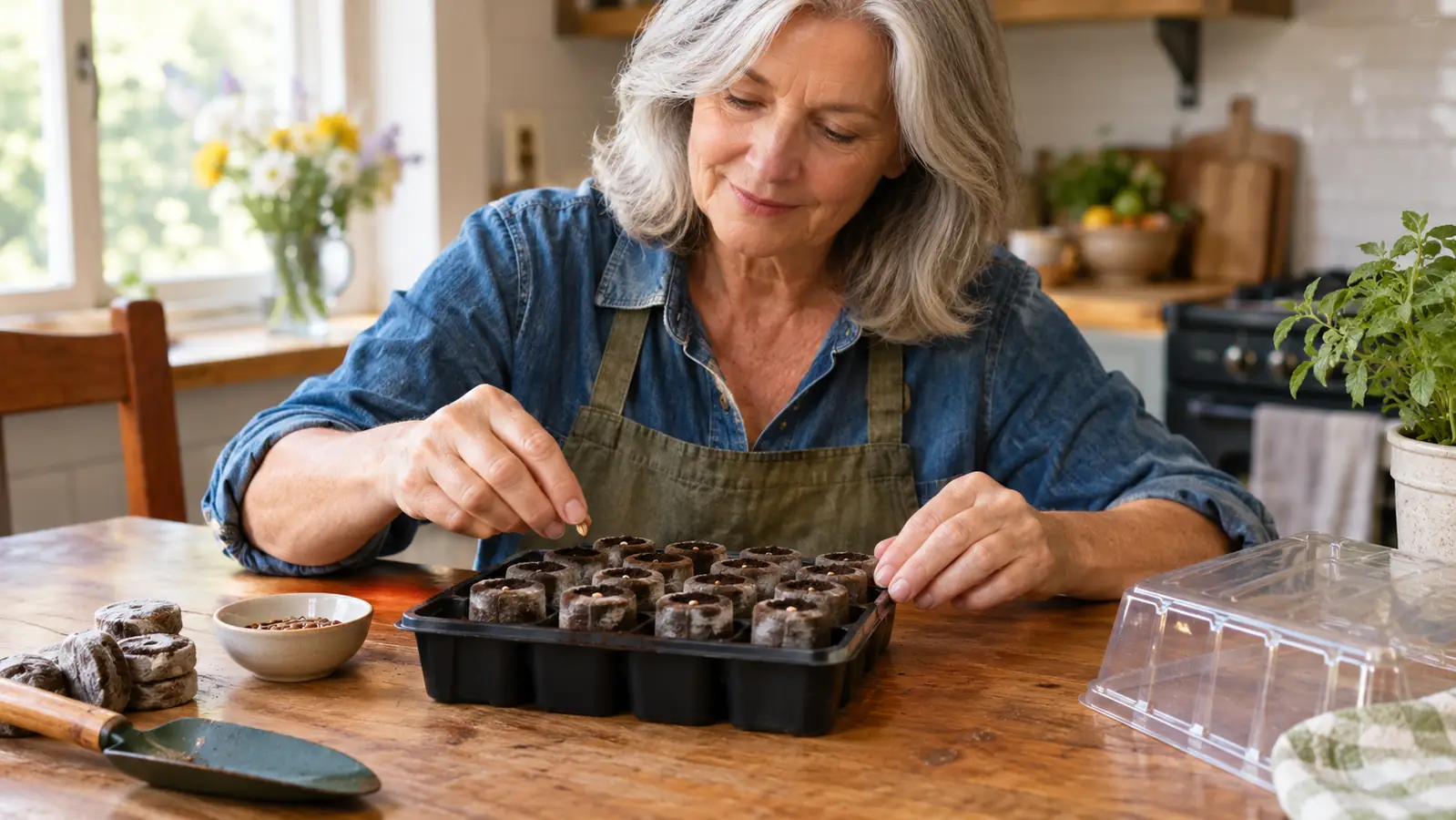 A woman in her sixties pressing a small seed into a peat pellet in a seed-starting tray on a wooden kitchen table.