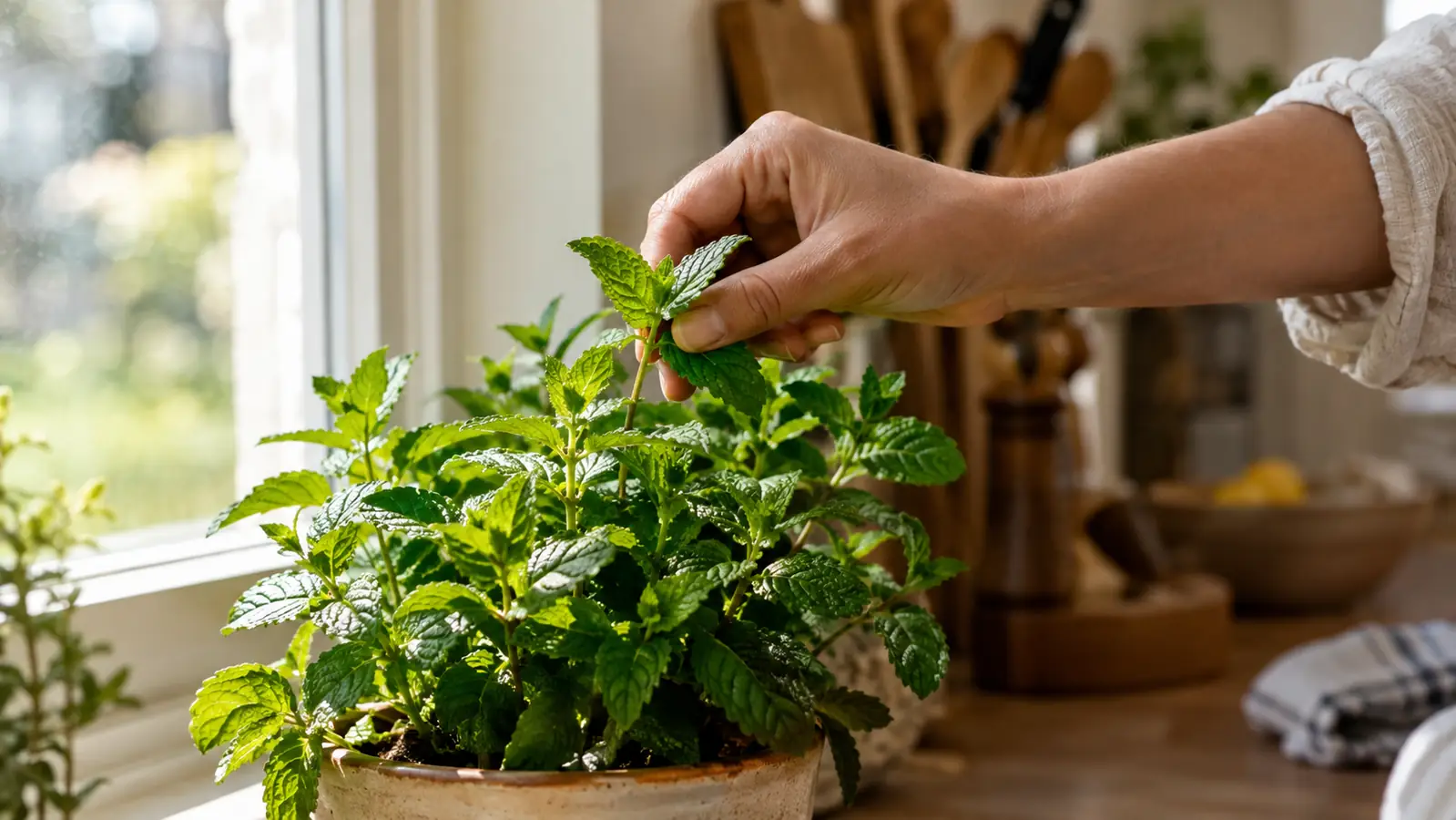 A hand picking a fresh sprig of mint from a pot on a kitchen windowsill.