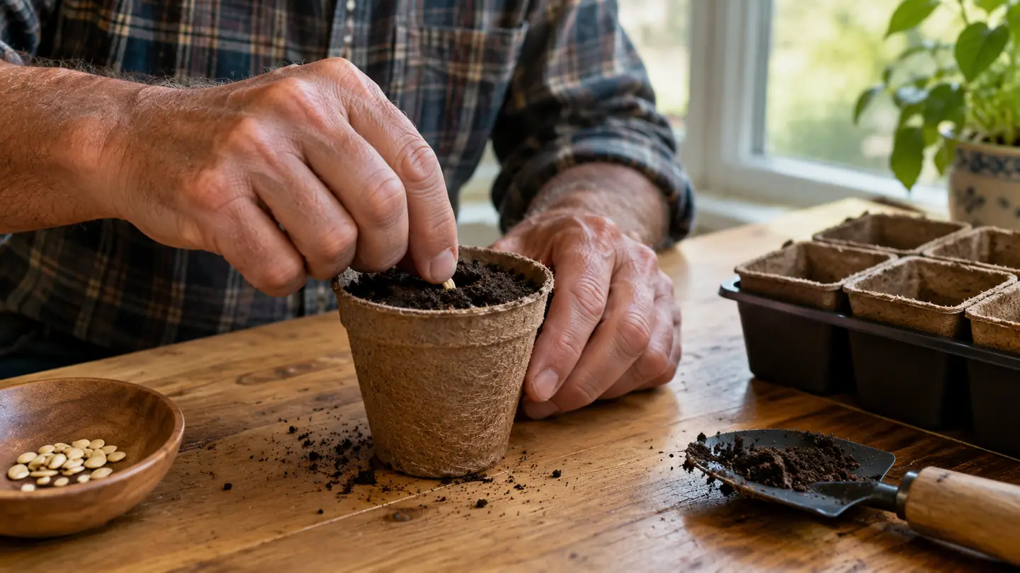 A hand pressing a seed into damp soil in a small pot on a wooden kitchen table.