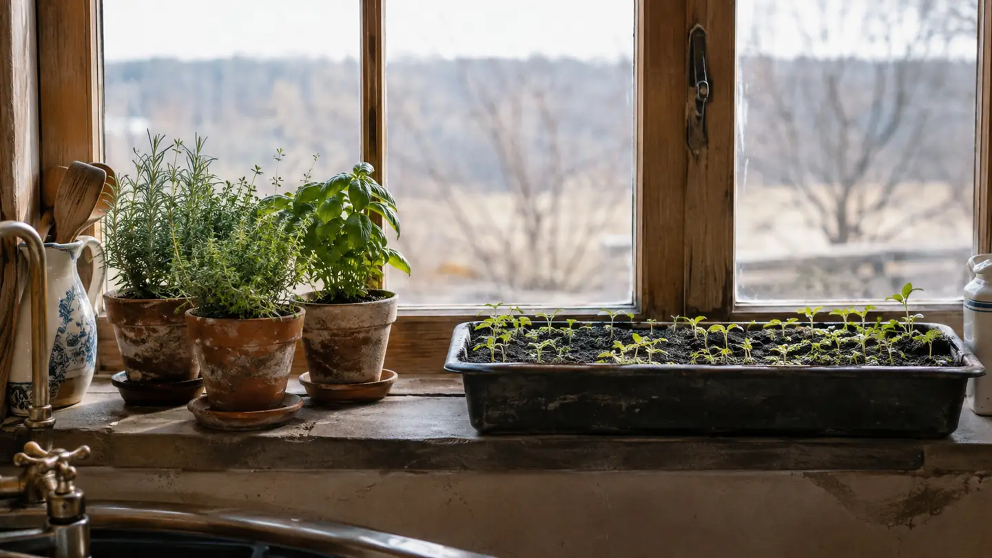 Small pots of herbs and a seed tray side by side on a kitchen windowsill.