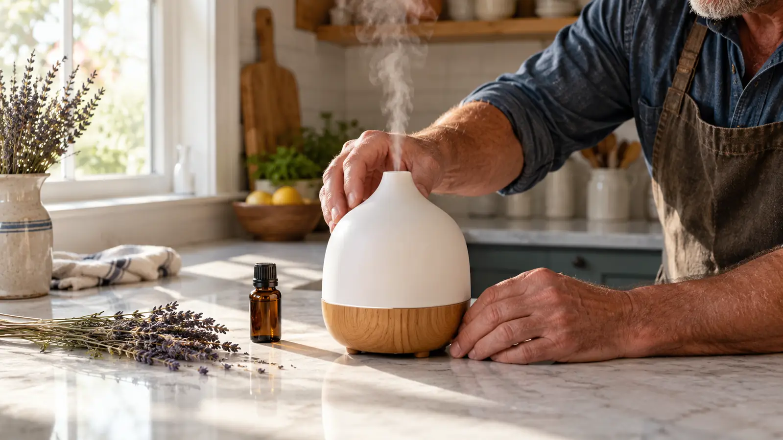 A diffuser on a kitchen counter next to a small bottle of essential oil and dried herbs