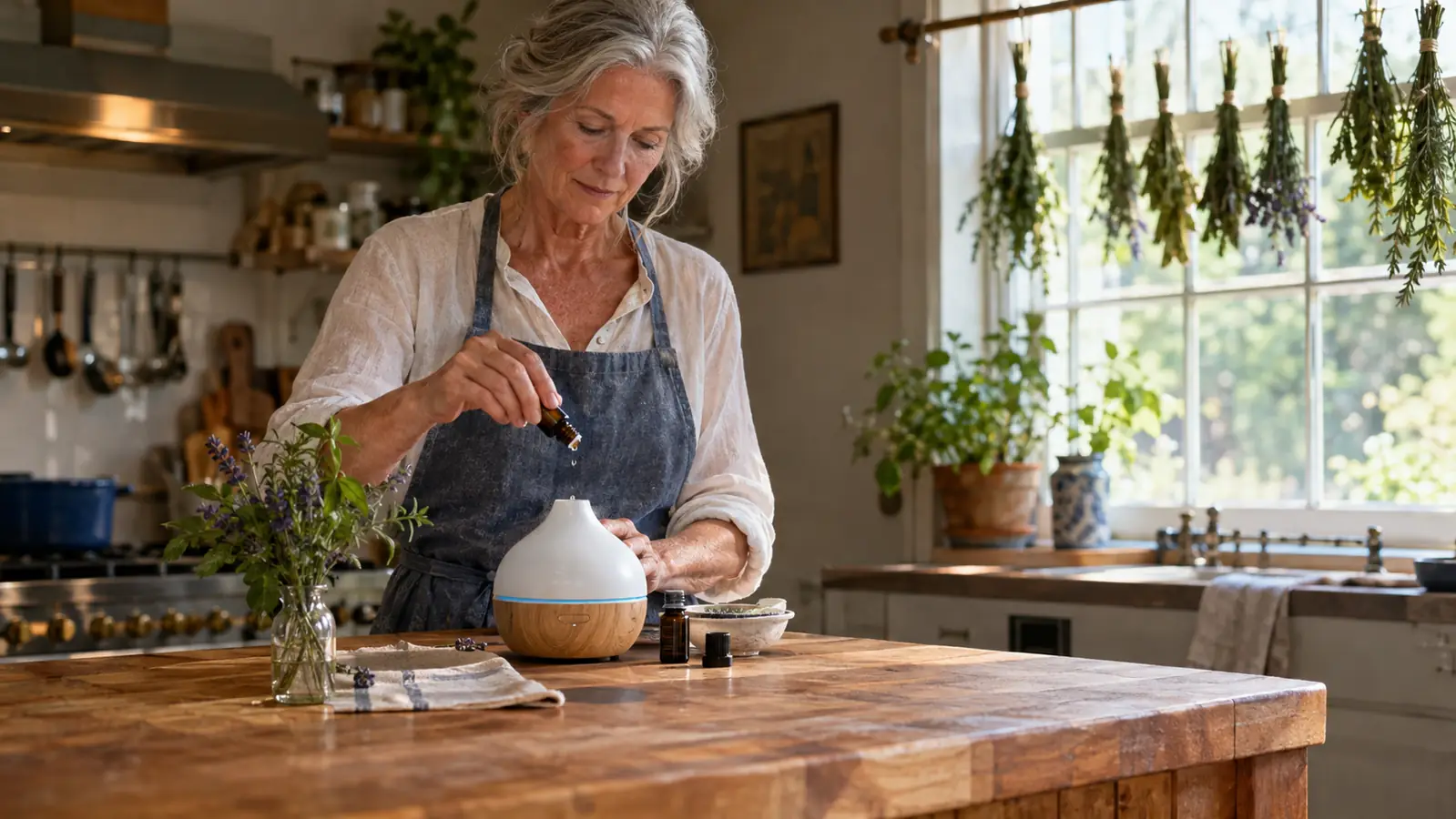 A woman in her sixties adding drops of oil to a diffuser at a kitchen table