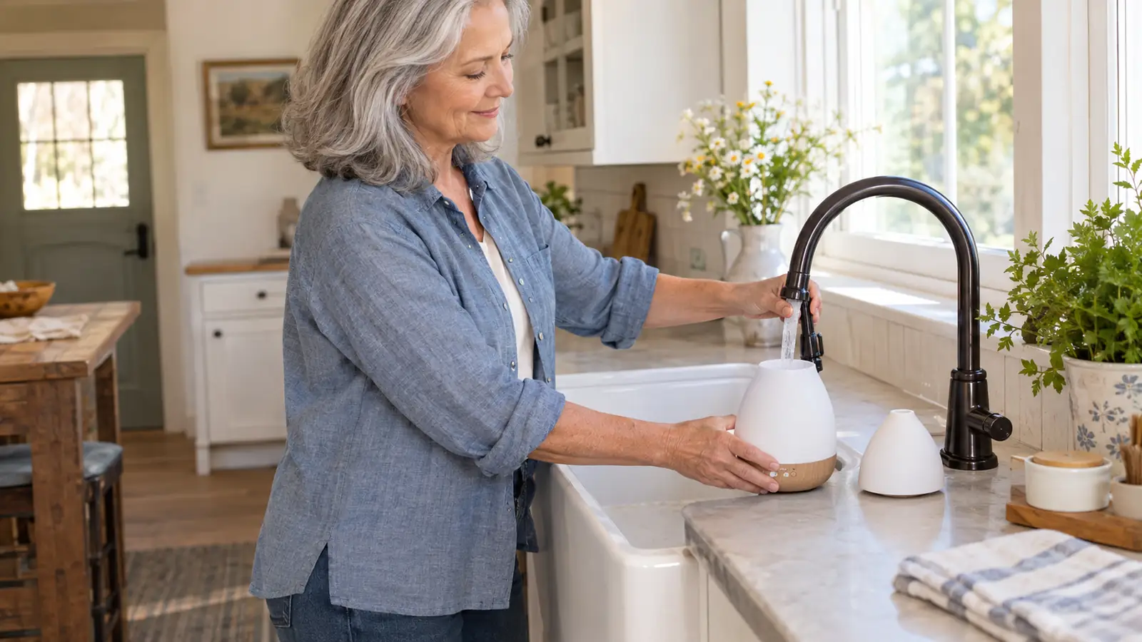 A woman in her sixties filling an ultrasonic diffuser with water at a farmhouse kitchen sink