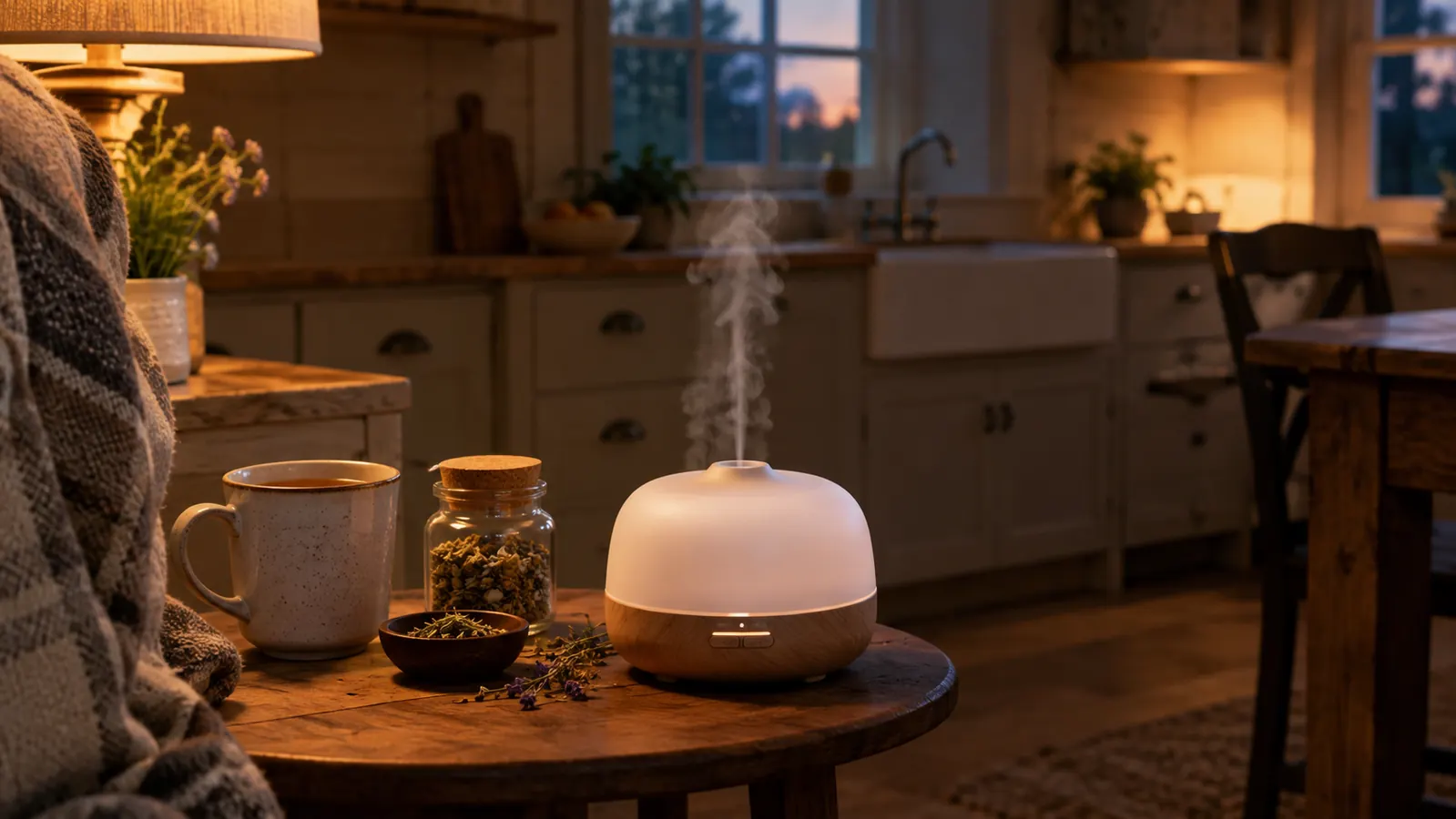 An ultrasonic diffuser releasing a light mist on a kitchen side table beside a cup of tea in the evening