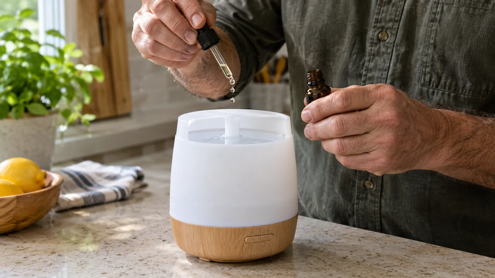 A hand adding drops of essential oil from a small amber bottle into the water tank of a diffuser on a kitchen counter.