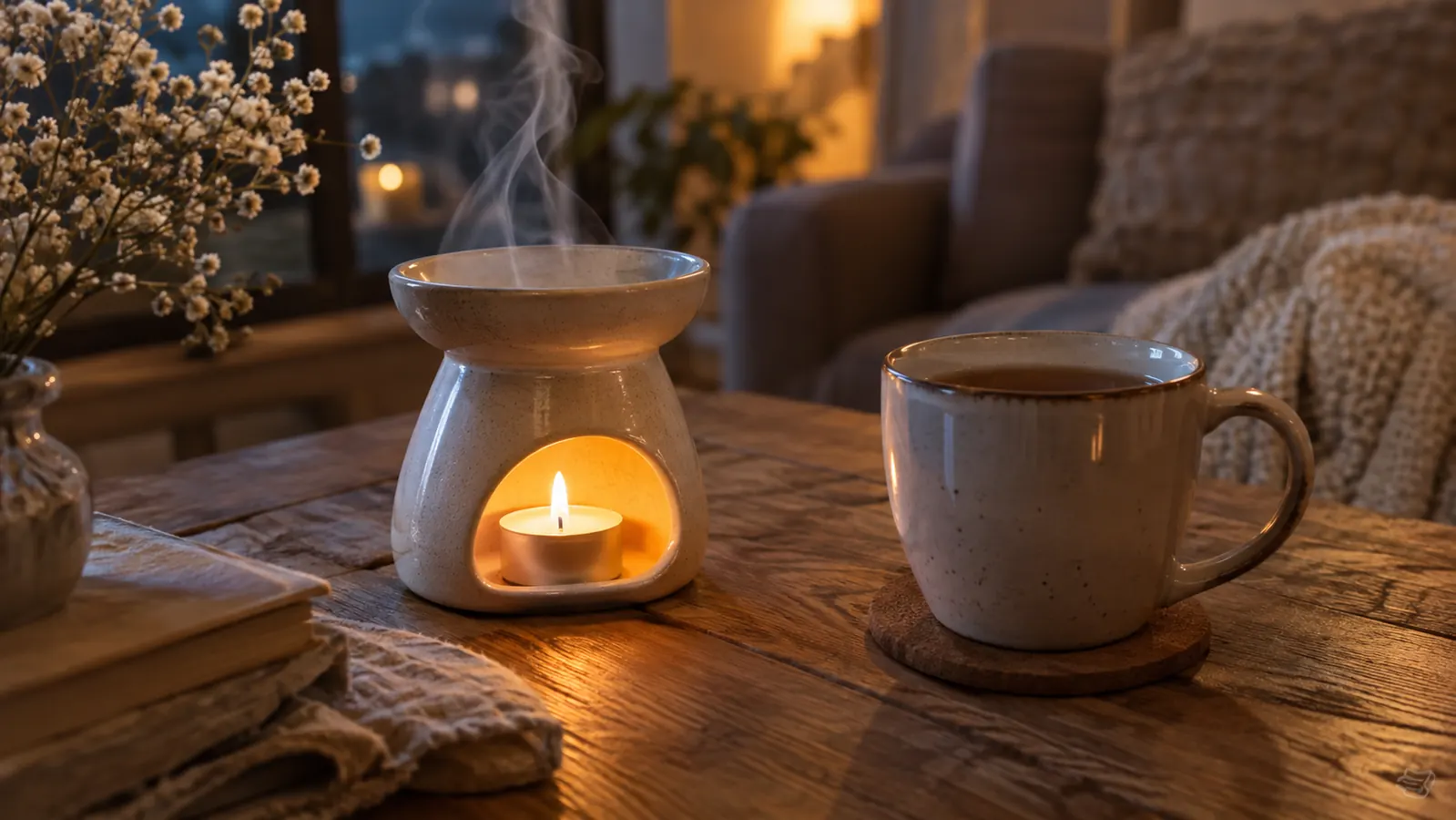 A small ceramic dish warmer with a lit tea light candle on a wooden table, a wisp of steam rising from the dish, a cup of tea beside it.