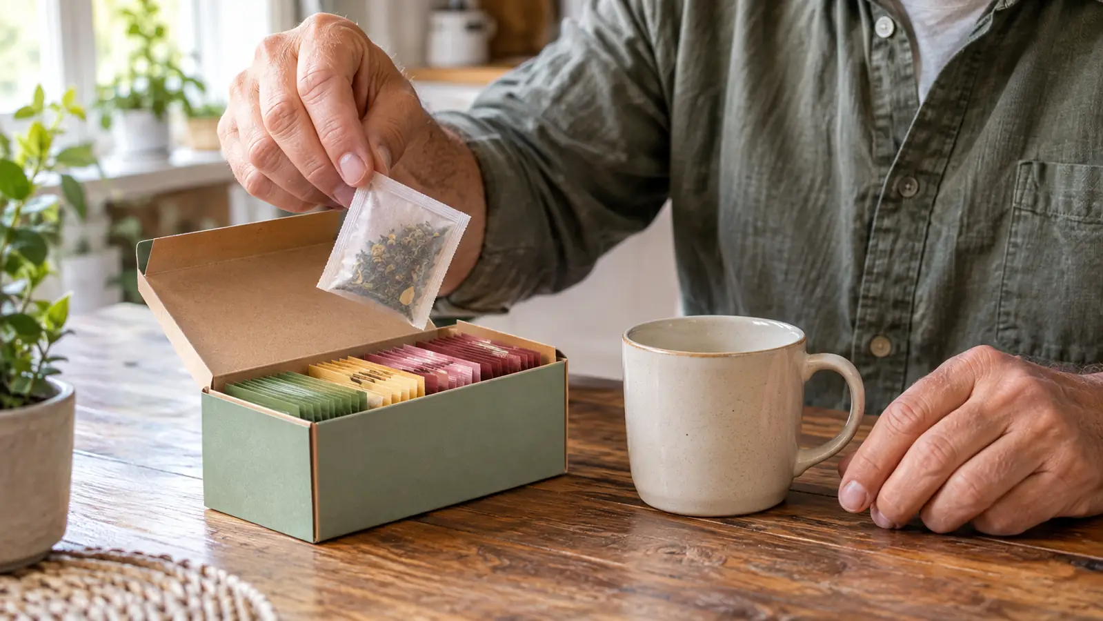 A hand taking a tea bag from a box of herbal tea sampler packets beside a mug on a kitchen table