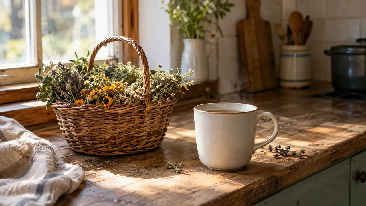 A basket of dried herbs and a mug of tea on a kitchen counter