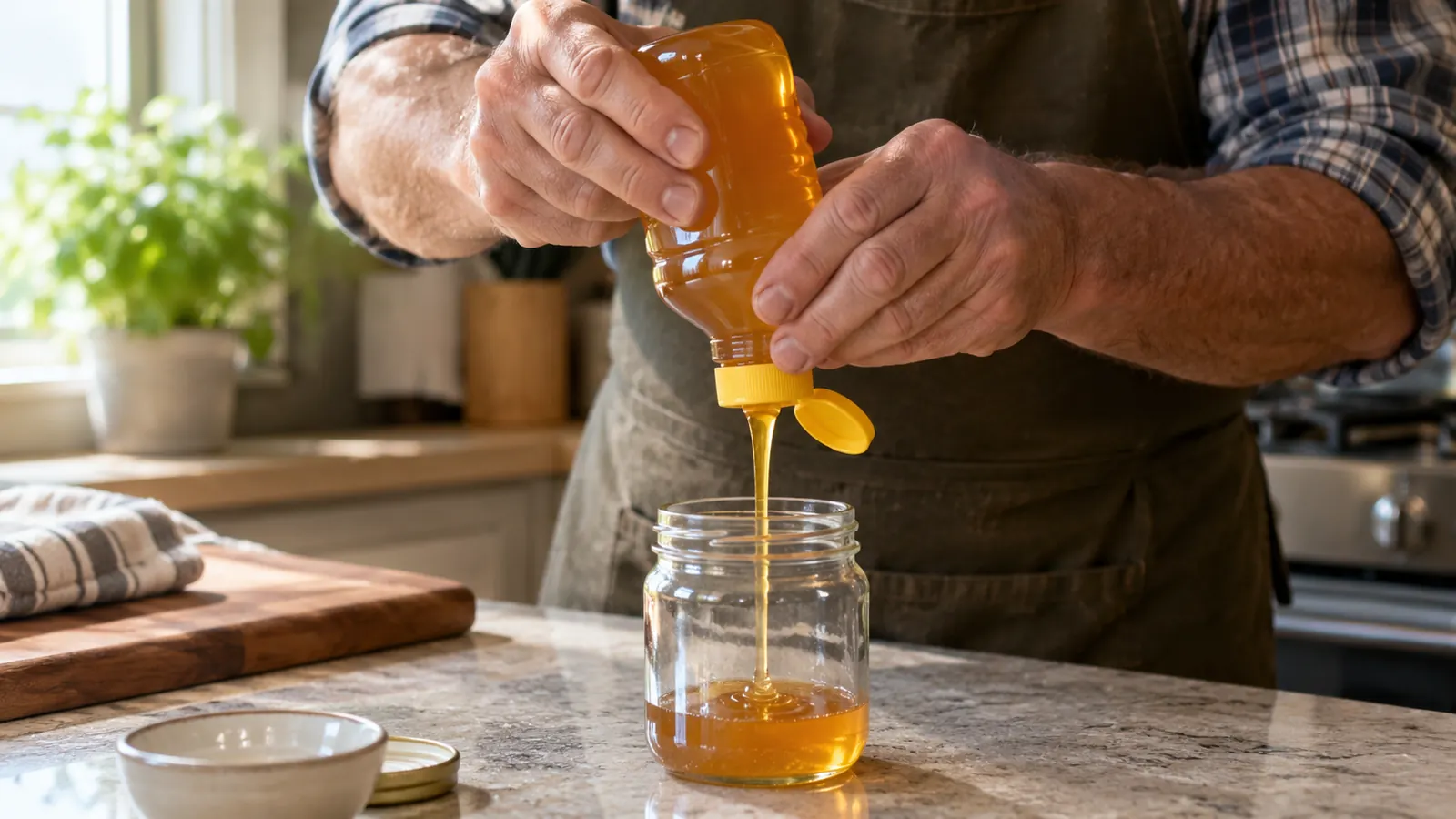 Hands squeezing raw honey into a glass jar in a home kitchen