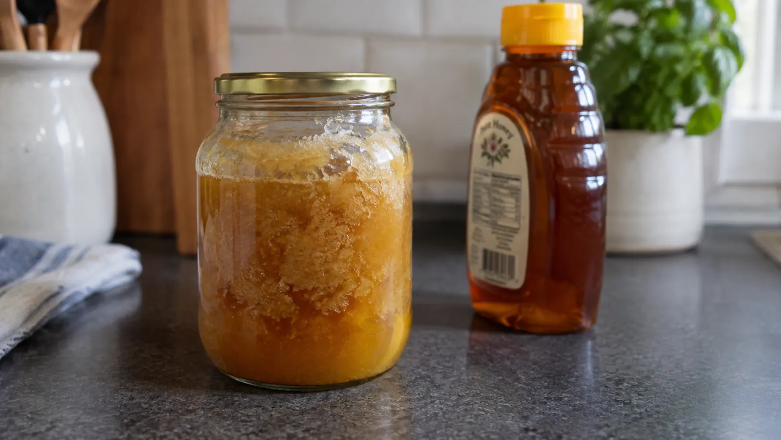 A glass jar of honey that has turned thick and grainy sitting on a kitchen counter next to the squeeze bottle