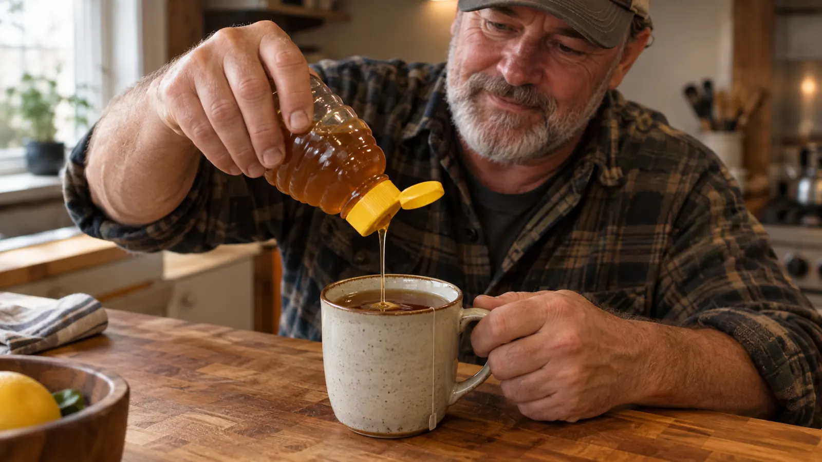 A hand squeezing honey from a squeeze bottle into a mug of tea on a wooden table