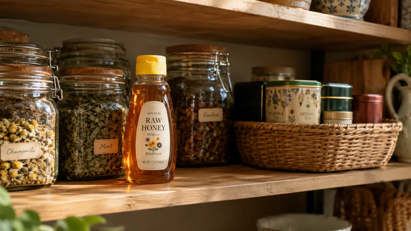 A pantry shelf holding a squeeze bottle of honey next to jars of dried herbs and tea tins