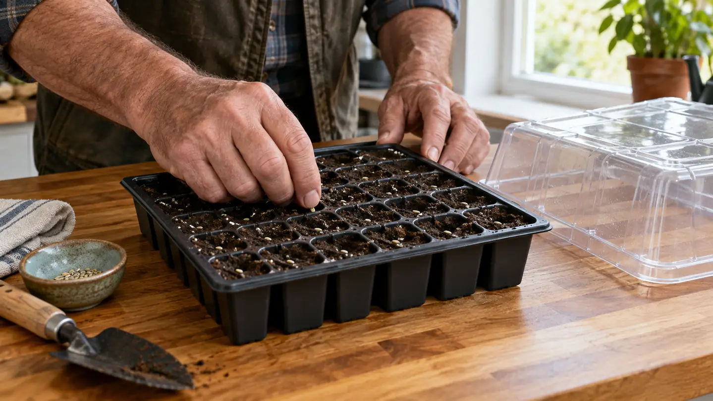 Hands pressing seeds into damp soil in the kit's seed tray on a wooden kitchen table