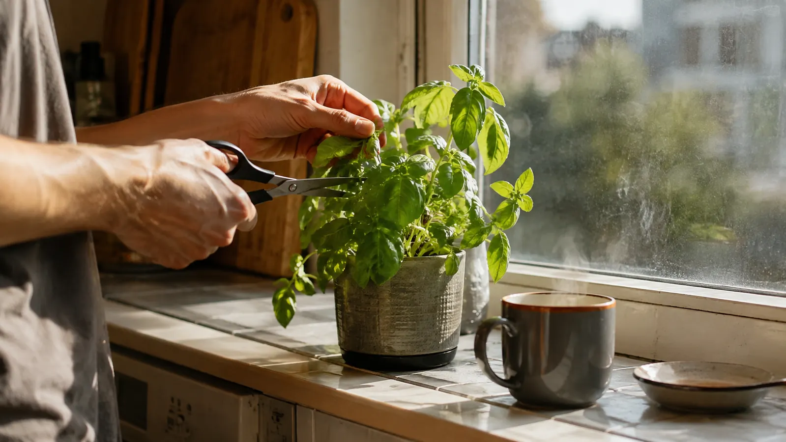 A pair of scissors cutting fresh basil leaves from a small pot on a kitchen windowsill