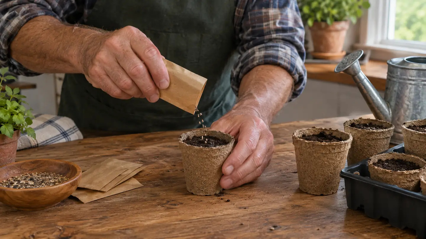 Hands sprinkling seeds from a small packet into a peat pot on a kitchen counter